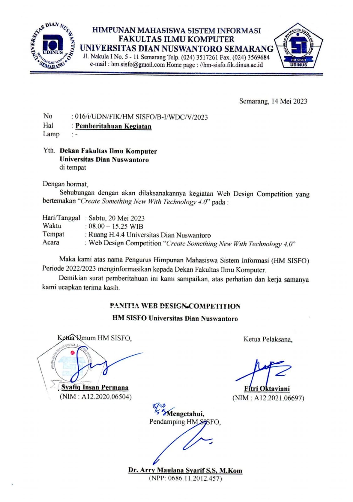 Surat Pemberitahuan Kegiatan Dekan Fakultas Ilmu Komputer Universitas Dian Nuswantoro